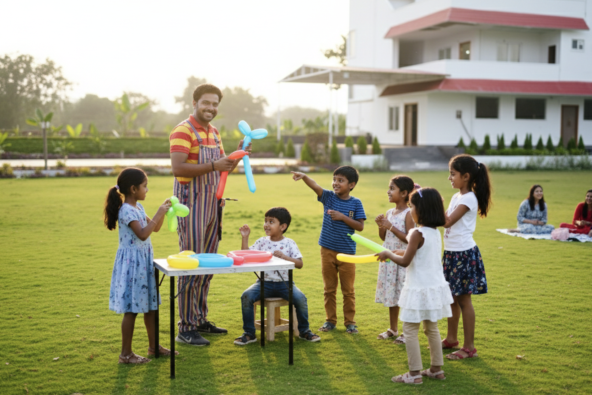 A person twisting balloons into animal shapes.