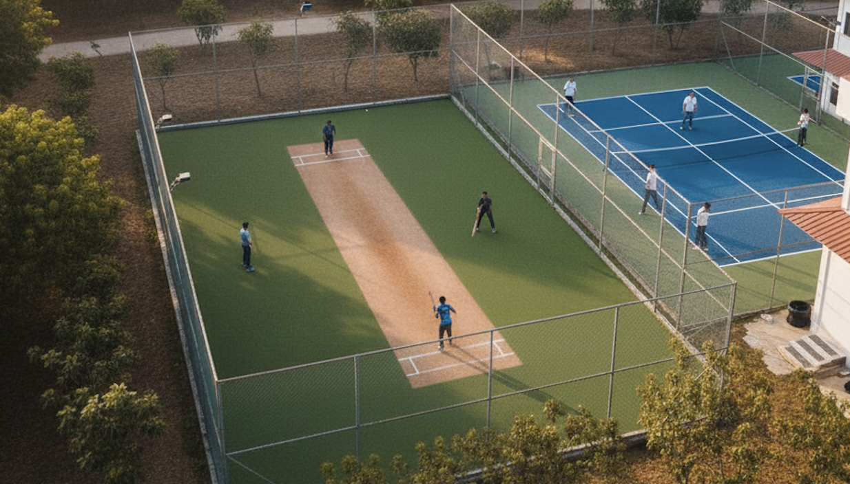 A cricket bat leaning against stumps on a pitch.