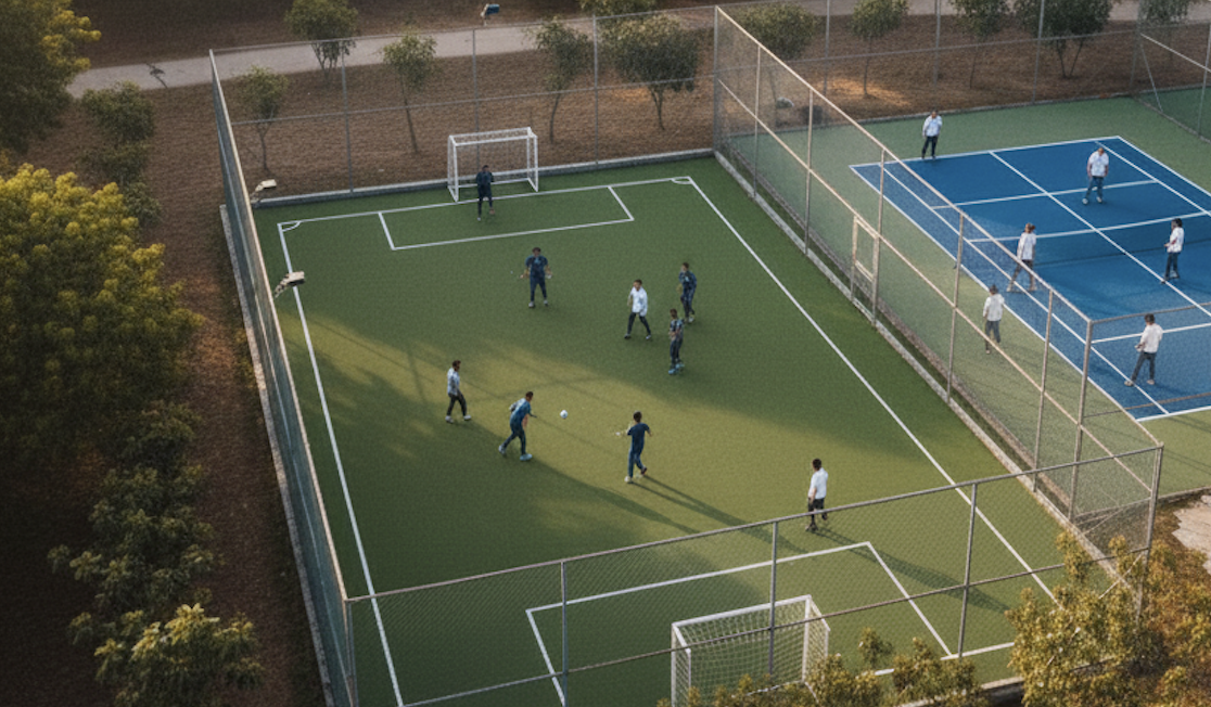A football on a green grass field.