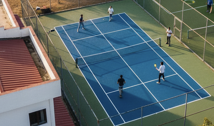A pickleball court with paddles and a ball.