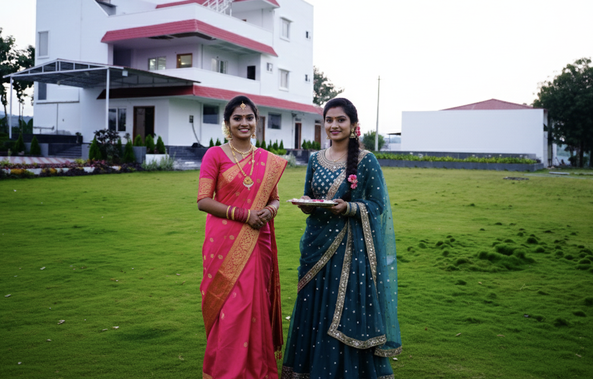 Welcome girls at an event entrance.